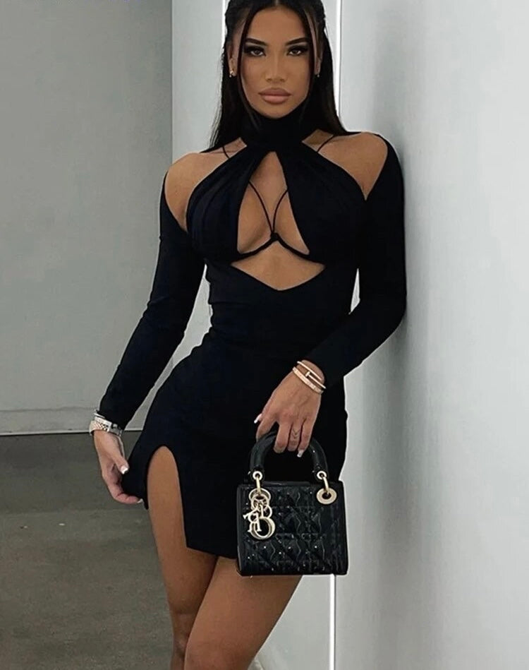 Sultry Noir Turtleneck Sizzle Dress